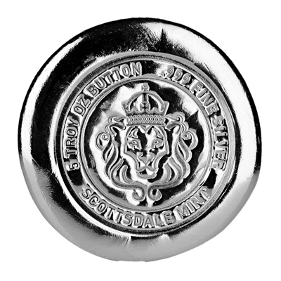 A picture of a 5 oz Scottsdale Lion Silver Button